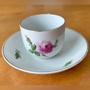 Meissen Porcelain Demitasse Red Rose Cup and Saucer Set. Stamped and Numbered
